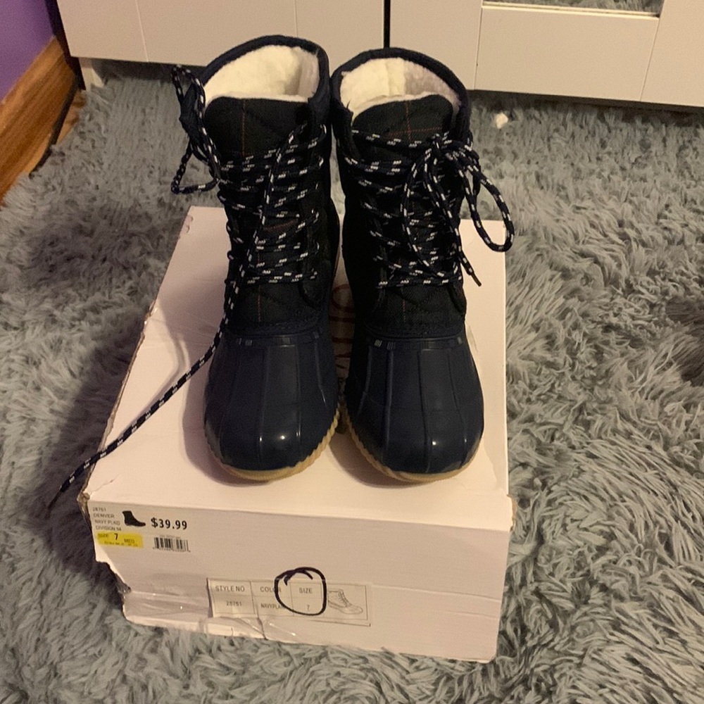 Navy plaid winter boots
